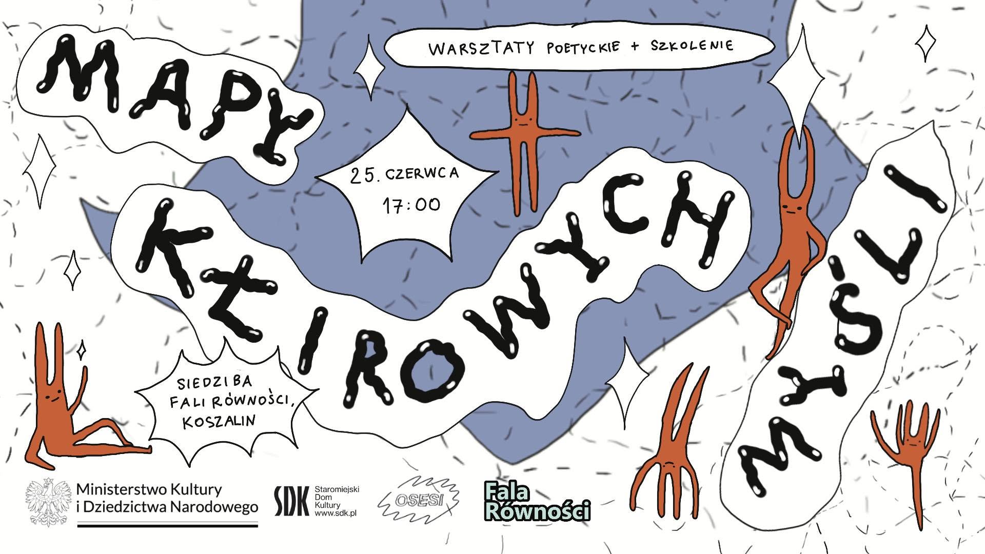 Grafika to artystyczny, komiksowy plakat promocyjny informujący o nadchodzącym wydarzeniu pod nazwą „Mapy Kwirowych Myśli”. Całość utrzymana jest w alternatywnym, niezależnym stylu autorskiej ilustracji. Dominują kolory: biel, stonowany niebieski oraz kontrastujące, pomarańczowo-rdzawe elementy. Teksty są stylizowane na odręczne pismo, umieszczone w komiksowych dymkach i wstęgach.