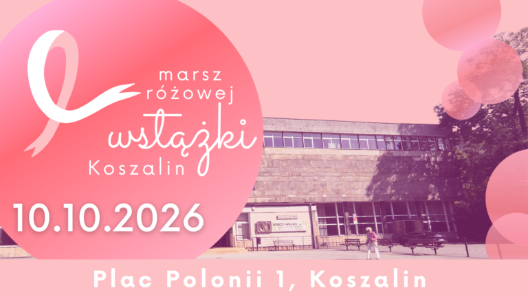 Ogólny opis: To plakat promocyjny wydarzenia o nazwie "Marsz Różowej Wstążki Koszalin", który odbędzie się 10 października 2026 roku na Placu Polonii 1 w Koszalinie. Plakat ma pionową orientację, dominuje na nim różowa kolorystyka w różnych odcieniach, od jasnopastelowego do jaskrawego, z białymi akcentami. Grafika łączy w sobie elementy fotograficzne i typograficzne. Szczegóły grafiki (od góry do dołu): Górna część: Logotyp i nazwa wydarzenia: Po lewej stronie, w dużej, różowej kuli lub okręgu, umieszczone jest białe logo w kształcie wstążki. Wewnątrz pętli wstążki widoczna jest mniejsza wstążka. Na prawo od wstążki, na różowym tle, znajduje się napis w trzech linijkach, wykonany białą czcionką: W pierwszej linijce, mniejszymi, małymi literami: "marsz" W drugiej linijce, większymi, małymi literami: "różowej" W trzeciej linijce, największymi, małymi literami: "wstążki" Poniżej, mniejszymi, białymi literami: "Koszalin" Po prawej stronie, na jaśniejszym różowym tle, widać kilka różowych, rozmytych kul lub bąbli, tworzących tło. Środkowa część: Data wydarzenia: W centralnej części plakatu, poniżej nazwy wydarzenia, umieszczona jest duża data, wykonana pogrubioną, białą czcionką: "10.10.2026". Zdjęcie lokalizacji: Na prawo od daty, w mniejszej, nieregularnej, jaskraworóżowej kuli, widoczne jest zdjęcie budynku. Jest to szary, piętrowy budynek z dużymi oknami, przypominający budynek użyteczności publicznej lub biurowiec. Przed budynkiem widać kilka ławek, drzewo oraz osobę w różowej kurtce i białych spodniach, idącą wzdłuż chodnika. Dolna część: Miejsce wydarzenia: Na dole plakatu, na jasnoróżowym tle, znajduje się napis wykonany białą czcionką: "Plac Polonii 1, Koszalin". Po lewej stronie napisu widoczna jest mała, biała ikona pinezki (markera mapy). Estetyka: Plakat ma nowoczesny, czysty design. Zastosowanie różowej palety kolorów, biała typografia i miękkie kształty tworzą przyjazny, a jednocześnie informacyjny i zachęcający do udziału charakter wydarzenia. Grafika jest czytelna i łatwo przyswajalna.