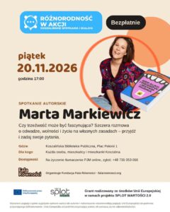 Plakat wydarzenia ze zdjęciem autorki i okladką książki.  